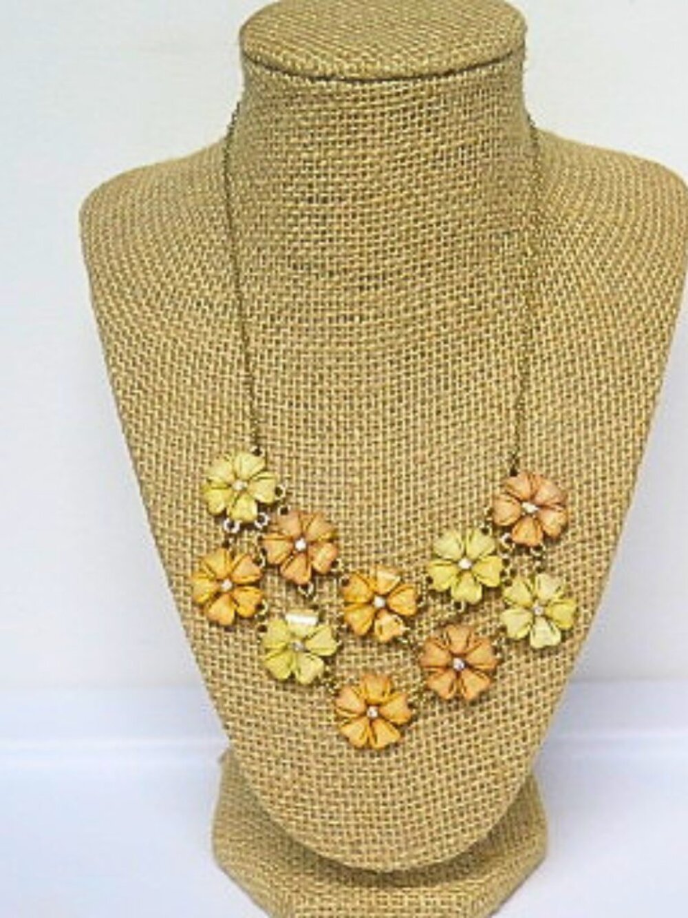 Yellow Orange Floral Statement Necklace Rhinestone Flower Gold Tone Bib Necklace